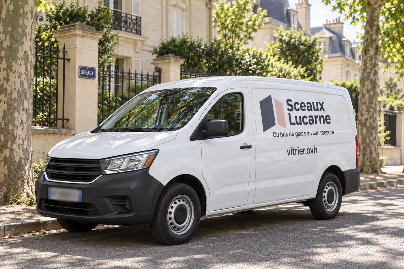 Camionnette Sceaux Lucarne stationnée dans une rue résidentielle de Sceaux
