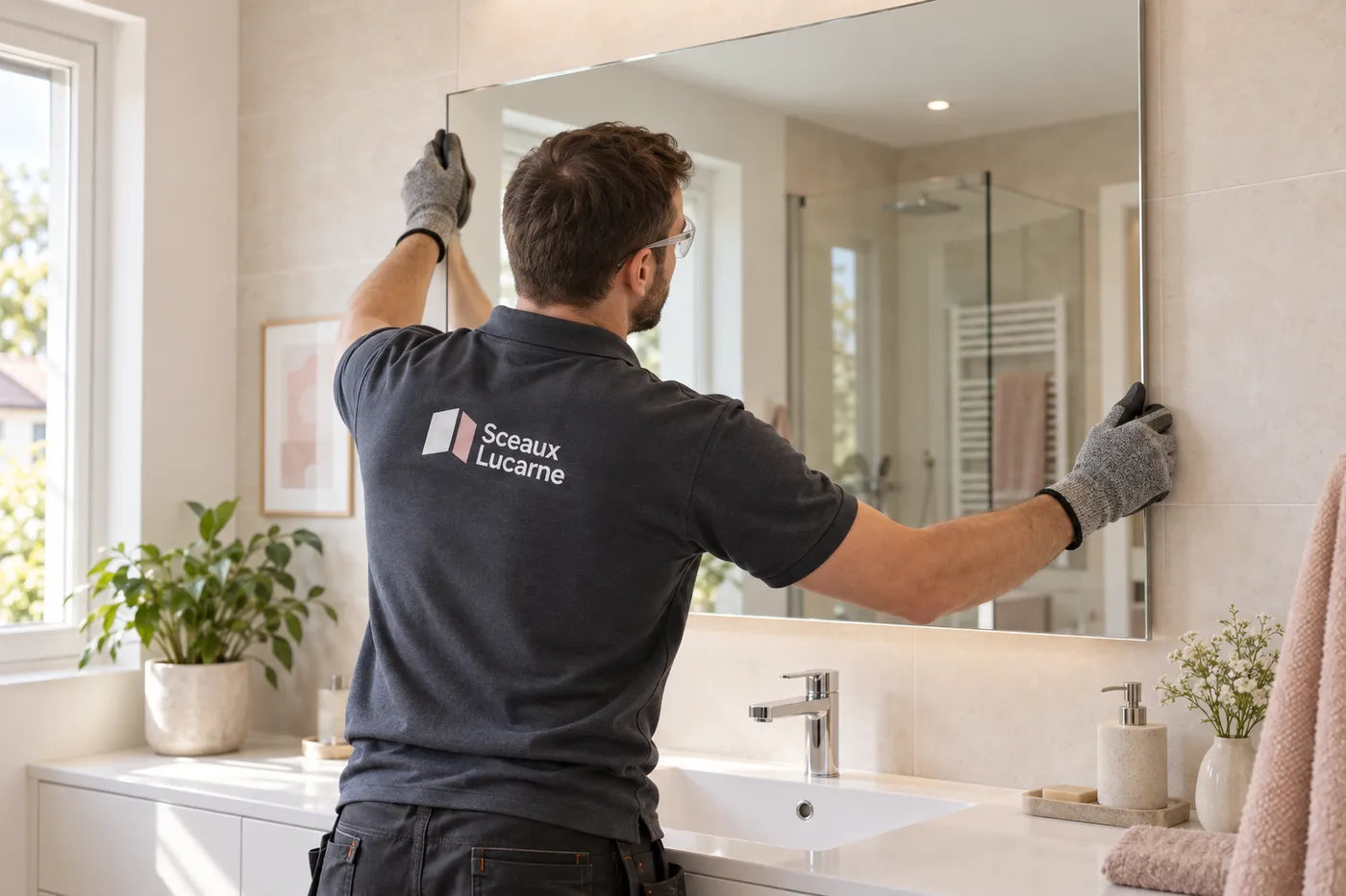 Vitrier installant un miroir sur mesure dans une salle de bains