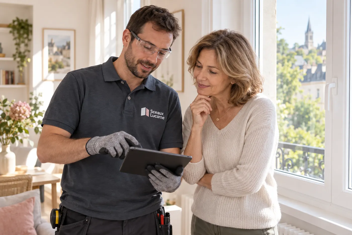 Vitrier détaillant un devis sur tablette avec une cliente à Sceaux